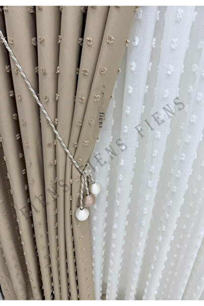 FİENS VİZON PUFDY FON PERDE PONPON PÜSKÜLLÜ KETEN 1/3 Sık Ütüistemez Brocol H...