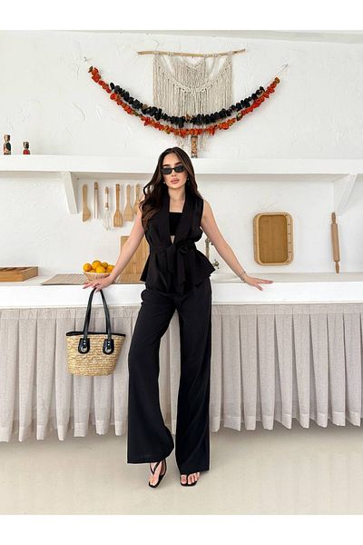 Ecenin Favorileri Black Belted Vest and Pants Women's Bottom - Top Set