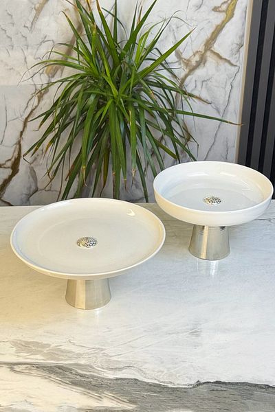 MAY HOME Set of 2 Porcelain Silver Footed Plate Bowl & Salad Cake Cookie Presentation Serving (Washable)