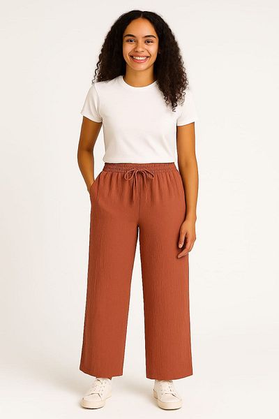 enmodaiçgiyim Brick Color 100% Cotton Muslin Fabric Wide Leg Comfortable Fit Women's Trousers with Two Pockets