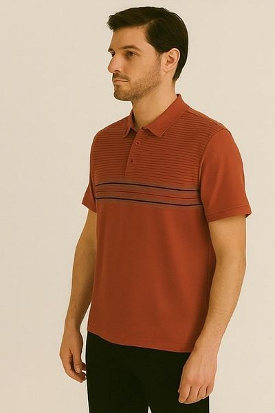 Maccali Men's Short Sleeve Striped Summer Tan Polo Neck T-Shirt