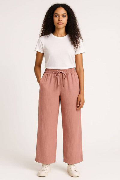 enmodaiçgiyim Dark Powder 100% Cotton Muslin Fabric Wide Leg Comfortable Fit Women's Trousers with Two Pockets