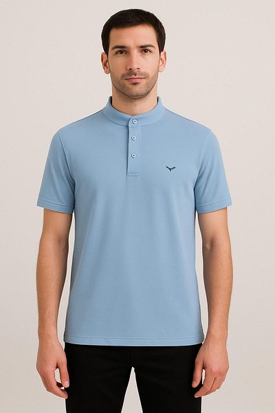 Maccali Men's Short Sleeve Judge Collar Summer Blue Loose T-Shirt