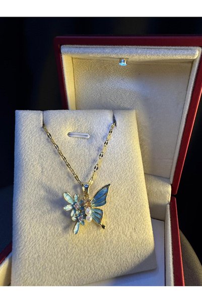 vogutima Women's Steel Necklace - Butterfly Blue Enamel Pearl Detail Gold Col...