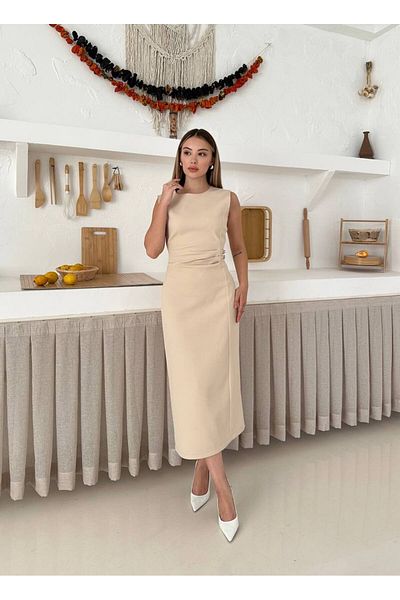 Ecenin Favorileri Sleeveless Short Belt Detailed Beige Midi Length Women's Dress