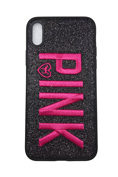 OEM Carcasă compatibilă cu iPhone X, silicon și broderie roz, neagră