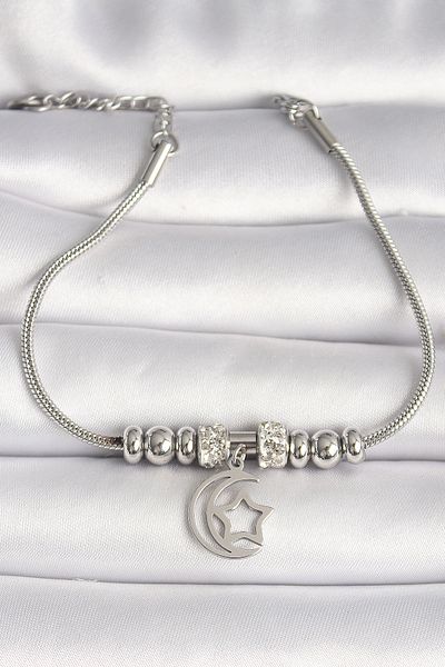 Kanonik Education 316L Steel Silver Color Tube Chain Zircon Stone Detailed Dangle Moon Star Figure Women's Bracelet