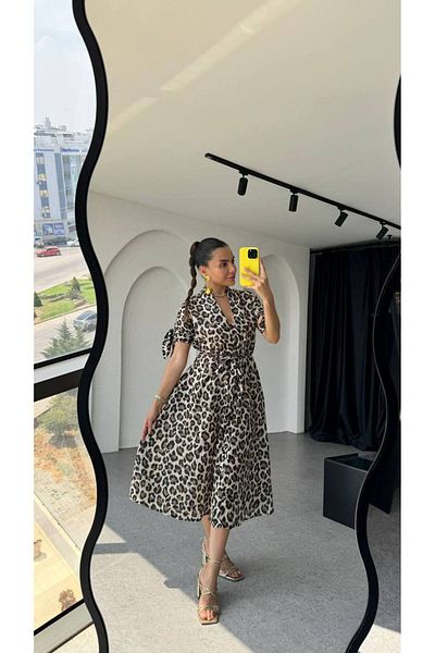 Ecenin Favorileri Thin Fabric Leopard Pattern Slit Midi Dress with Sleeve Tie Detail