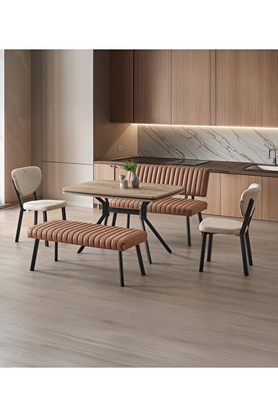 DENGEMA Koza Bank Yemek Masası Takımı – 80×120 cm Ceviz Desen, 2 Taba Bank, 2 Sandalyeli