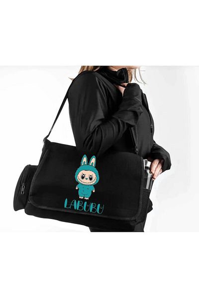 DEEFWEAR Black Cute Labubu Verde Printed Unisex School, Course, Dershane Messenger Bag