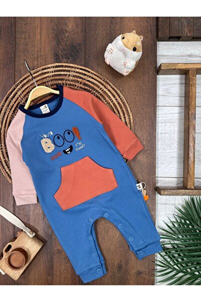 Kids Kingdom Pamuklu Mevsimlik Kanguru Cepli Alttan Çıtçıtlı Yumuşak Kumaş Erkek Bebek Tulum