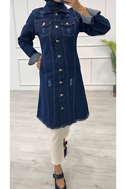 DESTEMODA Γυναικείο τζιν μπουφάν τουνίκ με λεπτομέρεια με φούντα, τζιν μπουφάν με διπλές τσέπες, σκούρο μπλε 4514