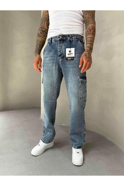 KağanKY بنطلون جينز فضفاض بجيب كارجو مغسول باللون الأزرق