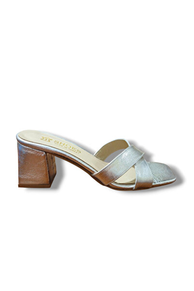 BARONES SHOES Silver Genuine Skin Leather Heeled Women's Slippers