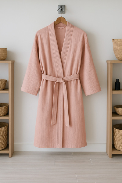 CollessiaHome 100% Organic Cotton Double Layer Large Size Dressing Gown Muslin Kimono Bathrobe 3XL(42-48 Compatible)