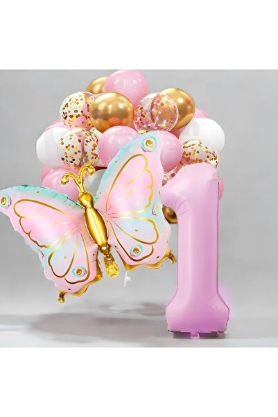 Öztürkpartievi 1 year old pink butterfly concept balloon set
