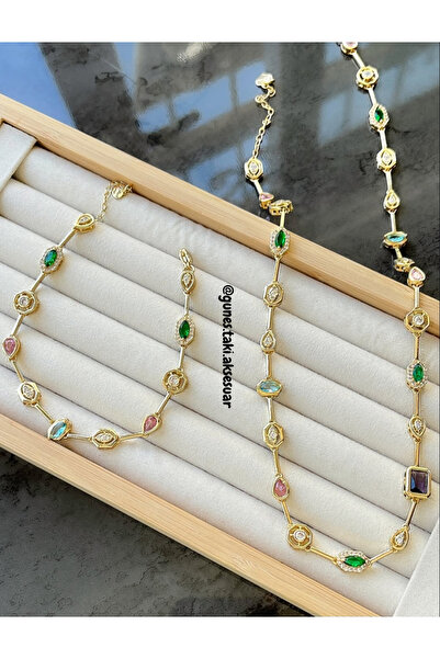 GUNESTAKI Gold Geometrik Renkli Zirkon Taşlı Tamtur Çelik Kolye Bileklik Seti