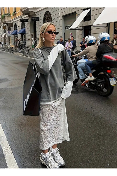 Weonecl Çiçek Desen Transparan Örme Midi Etek