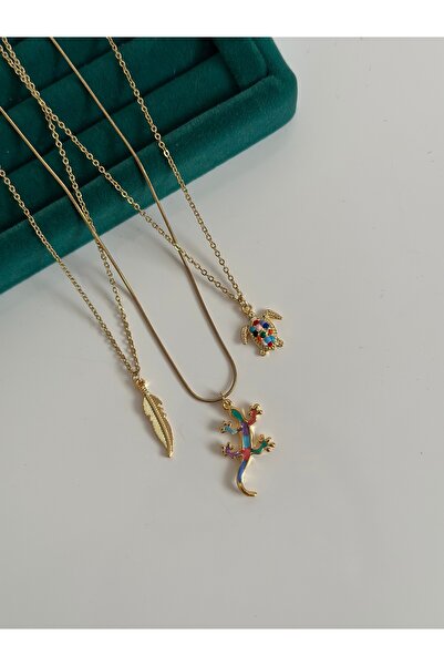 MİOSA Mineli Kertenkele Çelik Üçlü Kolye Seti