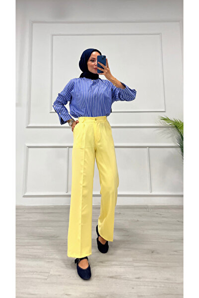 DESTEMODA Women's Bell Pleated Palazzo Trousers Yellow 2500