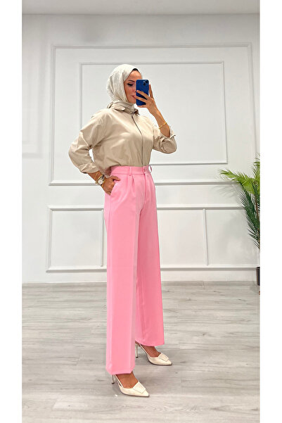 DESTEMODA Women's Bell Pleated Palazzo Trousers Pink 2500