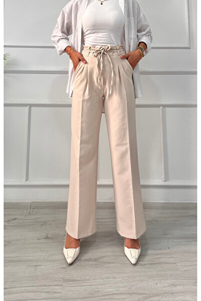 DESTEMODA Women's Bell Belt Rope Detailed Palazzo Trousers Stone Color 2501