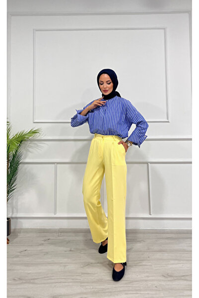 DESTEMODA Women's Bell Pleated Palazzo Trousers Yellow 2500