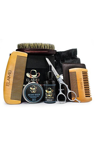ELAIMEI مجموعة العناية باللحية للرجال، زيت نمو اللحية وبلسم، فرشاة ومشط للحية، مقص. 6 قطع