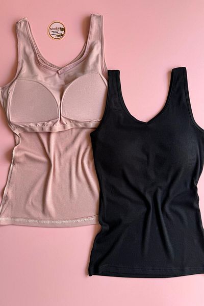 Elosia Chic Drape |   Modal 2-Piece V-Neck Bra, Black and Powder Color Camisole Women's Tank-Blouse