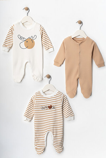 DIMPLE BABY Patterned Snap Fastener Organic Cotton 3-Piece Jumpsuit Set