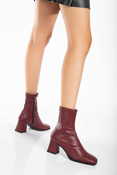 Elegant steps Cİlt Kadın Kalın Kare Burun Topuklu Fermuarlı Çorap Kısa Bot