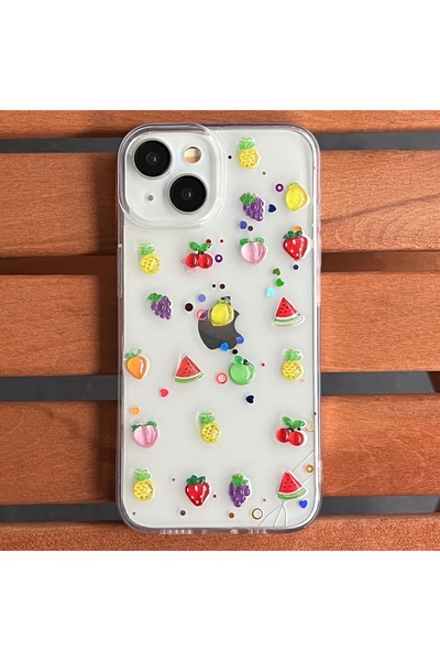 EDELFU iPhone 15 PLUS ve 14 PLUS Uyumlu 3D Meyve Desenli Şeffaf Silikon Telef...