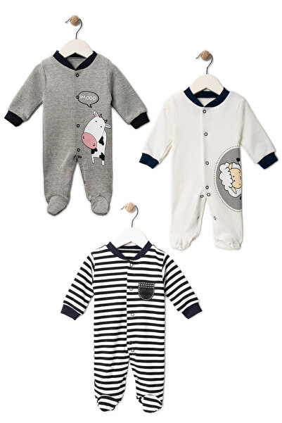 DIMPLE BABY Patterned Snap Fastener Organic Cotton 3-Piece Jumpsuit Set