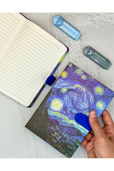 ZeCo Collection Van Gogh Starry Night Patterned Striped Hard Cover Magnet Notebook