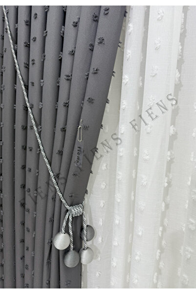 FİENS ANTRASİT PUFDY FON PERDE PONPON PÜSKÜLLÜ KETEN 1/3 Sık Ütüistemez Brocol Hediyeli ( TEK KANAT )