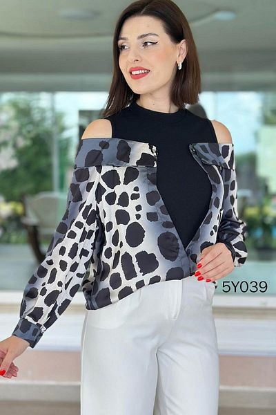İnce Topuk Off Shoulder Crepe Garnished Satin Blouse 5Y039