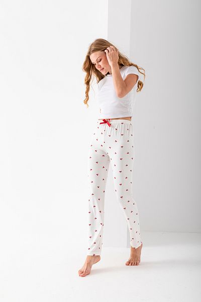 GİYSA Women's Elastic Waist Cherry Patterned Pajama Bottom White - 2059