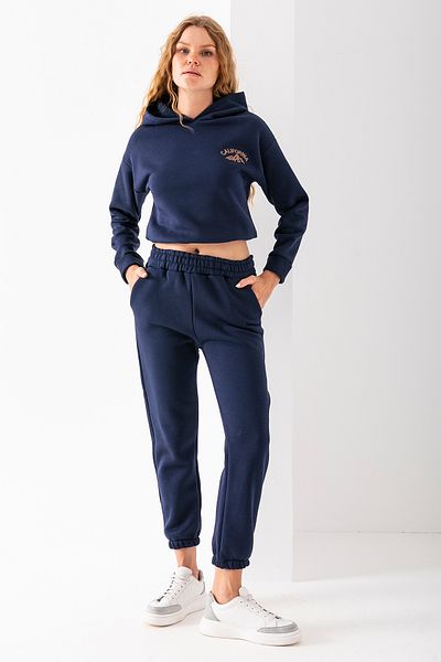 GİYSA Women's Hooded California Embroidered Stopper Detailed Tracksuit Set Navy Blue - 2606