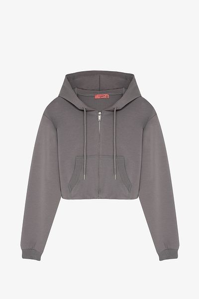 Quzu Hooded Zippered Basic Sweatshirt Gray