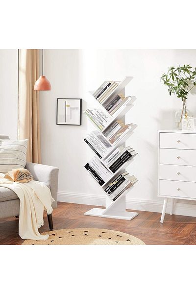 VASAGLE 8-Tier Floor Bookcase with V-Shaped Wooden Shelves, 25x141x50cm, White