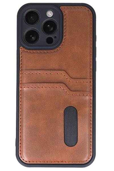 CepteToptan Myt09 iPhone 16 Pro Max Case Sara Leather Case with Business Card Holder - Tan