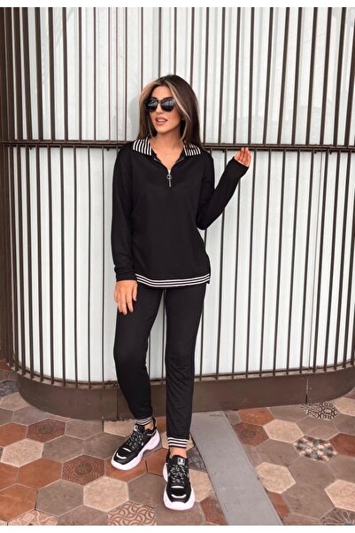 Modayakamoz    طقم بلوزة نسائية بأكمام طويلة مضلعة وسحاب وبنطلون عالي الخصر م...