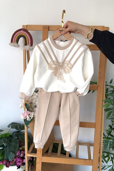 Minigimin Cicileri My Little Girl's 2-Piece Set with Stone Bow Detail - Cream