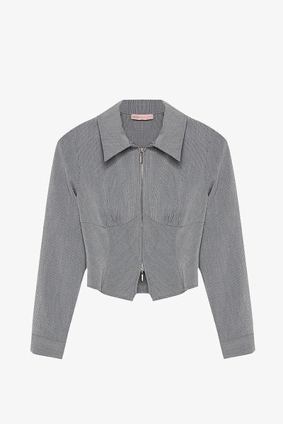 Quzu Front Zipper Shirt Collar Textured Blouse Gray