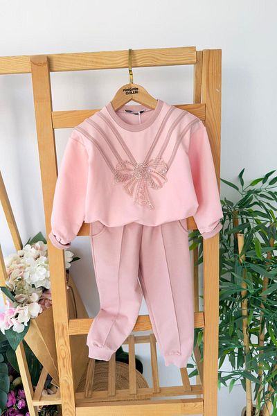 Minigimin Cicileri Little Girl's 2-Piece Set with Stones and Bow Detail - Dusty Rose