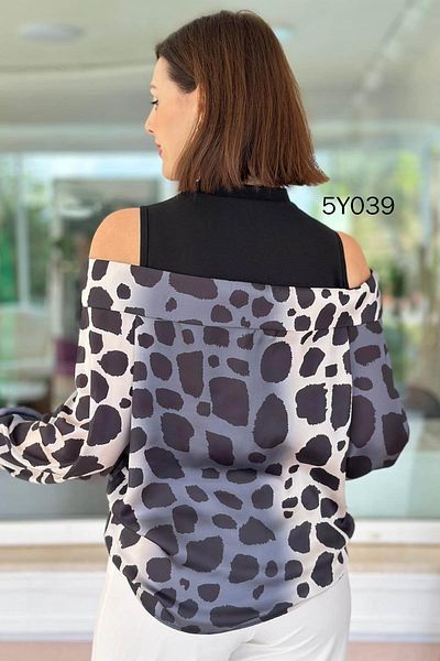 İnce Topuk Off Shoulder Crepe Garnished Satin Blouse 5Y039