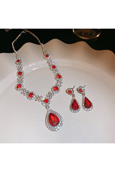 Choice قلادة وأقراط من الكريستال اللامع باللون الأحمر للنساء، قلادات كبيرة من...
