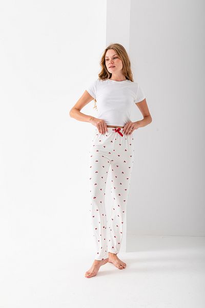 GİYSA Women's Elastic Waist Cherry Patterned Pajama Bottom White - 2059