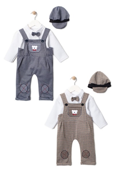 DIMPLE BABY Beanie Teddy Bear Embroidered Wooden Button Bow Tie Slopet Jumpsuit