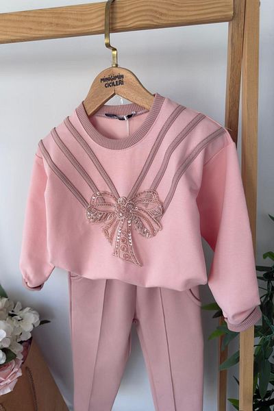 Minigimin Cicileri Little Girl's 2-Piece Set with Stones and Bow Detail - Dusty Rose